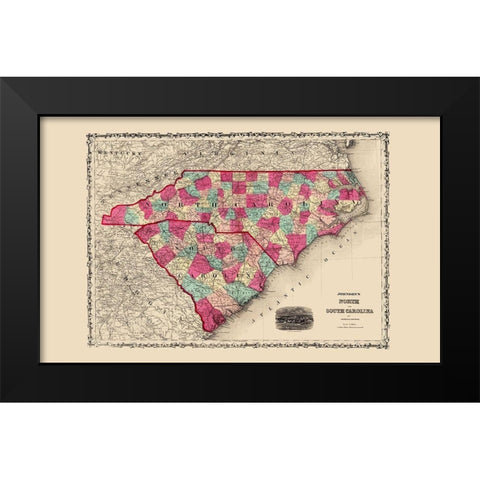 North Carolina, South Carolina - Johnson 1860 Black Modern Wood Framed Art Print by Johnson