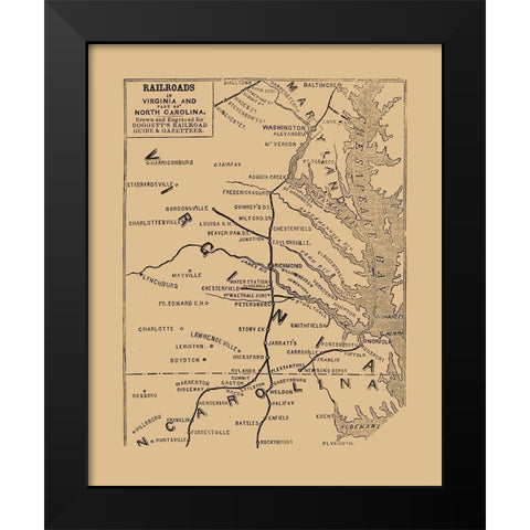 Virginia North Carolina Railroads - Doggett 1848  Black Modern Wood Framed Art Print by Doggett