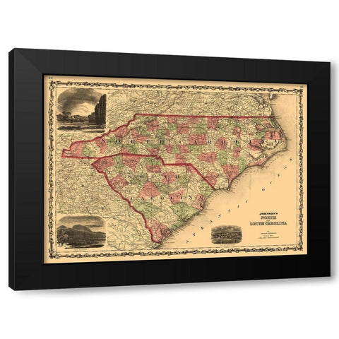 North Carolina South Carolina - Johnson 1861  Black Modern Wood Framed Art Print with Double Matting by Johnson