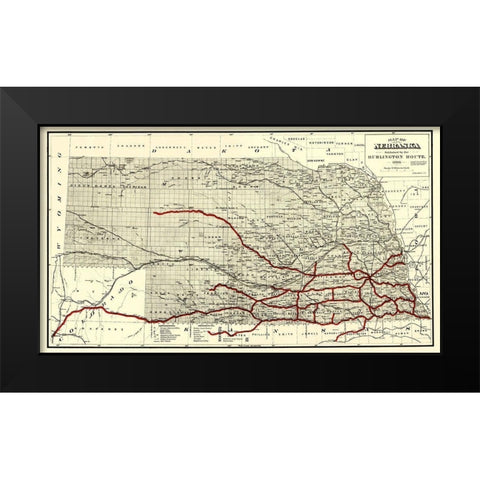 Burlington Railroad Route - Hirschfield 1886 Black Modern Wood Framed Art Print by Hirschfield