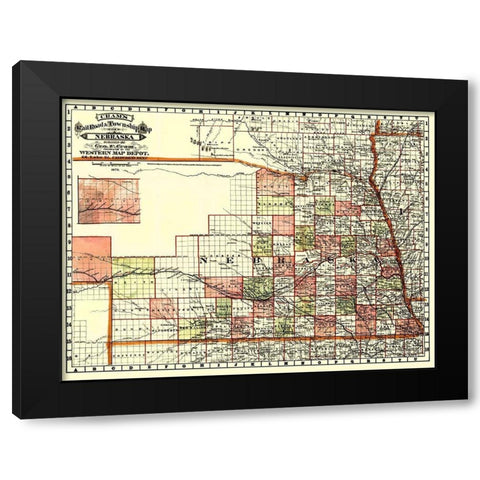 Nebraska Railroads and Townships - Cram 1879 Black Modern Wood Framed Art Print by Cram