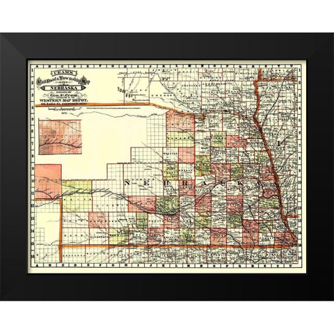 Nebraska Railroads and Townships - Cram 1879 Black Modern Wood Framed Art Print by Cram