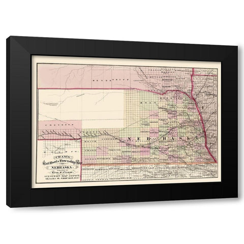 Nebraska Railroad and Townships - Cram 1875 Black Modern Wood Framed Art Print with Double Matting by Cram