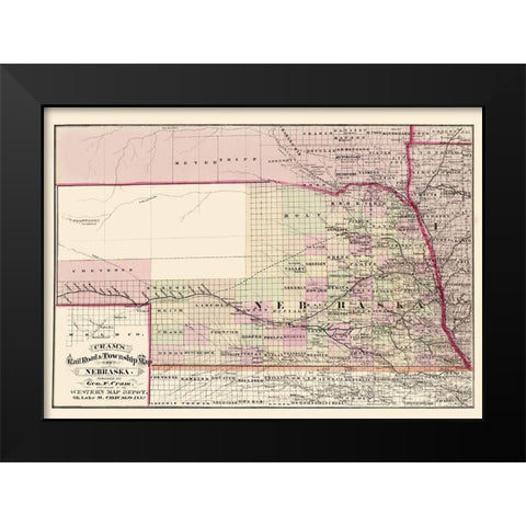 Nebraska Railroad and Townships - Cram 1875 Black Modern Wood Framed Art Print by Cram