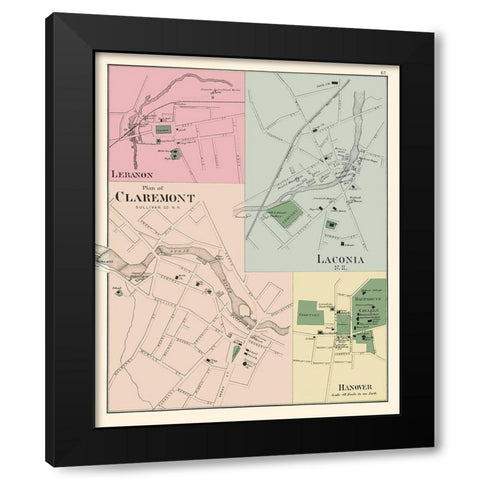 Claremont New Hampshire - Hitchcock 1877 Black Modern Wood Framed Art Print by Hitchcock