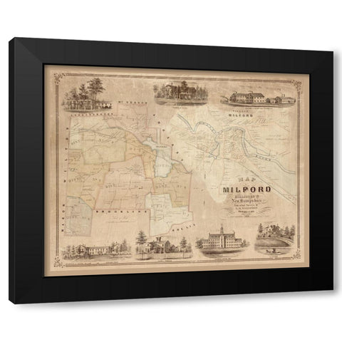 Milford New Hampshire - Clark 1854  Black Modern Wood Framed Art Print by Clark