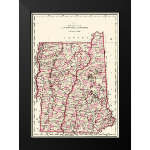 New Hampshire, Vermont - Hitchcock 1877 Black Modern Wood Framed Art Print by Hitchcock