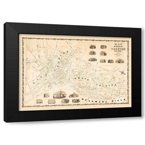 Trenton New Jersey - Dripps 1849  Black Modern Wood Framed Art Print with Double Matting by Dripps