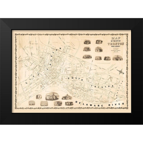 Trenton New Jersey - Dripps 1849  Black Modern Wood Framed Art Print by Dripps