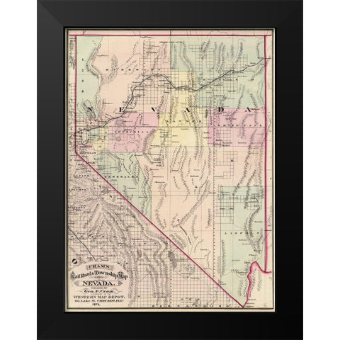 Nevada Railroads and Townships - Cram 1875 Black Modern Wood Framed Art Print by Cram