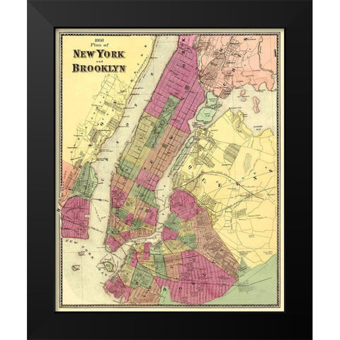 New York, Brooklyn New York - Beers 1868 Black Modern Wood Framed Art Print by Beers