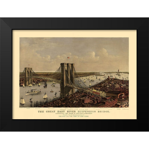 East River Suspension Bridge New York Black Modern Wood Framed Art Print by Currier
