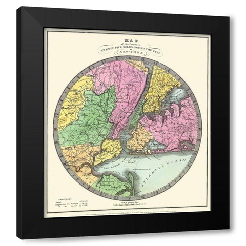 New York City, 25 Miles Around the City New York Black Modern Wood Framed Art Print with Double Matting by Illman