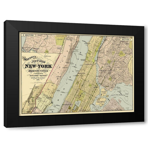 New York, Adjacent Cities New York - Watson 1891 Black Modern Wood Framed Art Print with Double Matting by Watson