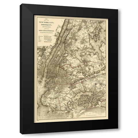 New York City, Brooklyn Elevated Railroad 1885 Black Modern Wood Framed Art Print by Colton