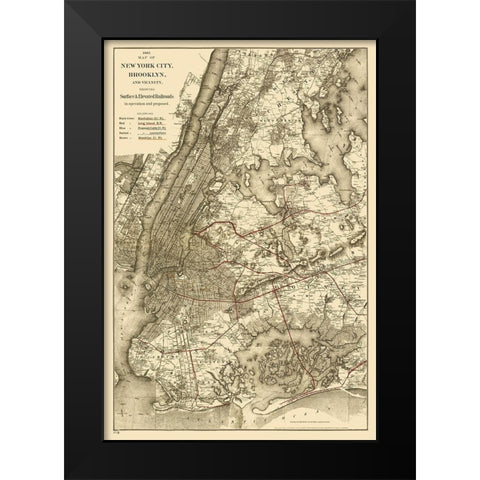 New York City, Brooklyn Elevated Railroad 1885 Black Modern Wood Framed Art Print by Colton
