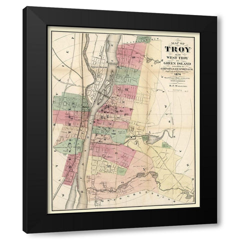 Troy New York - Walling 1874  Black Modern Wood Framed Art Print by Walling