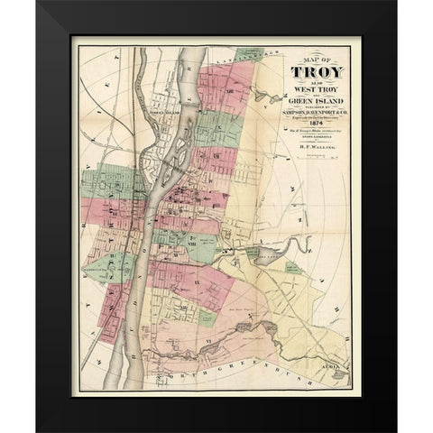 Troy New York - Walling 1874  Black Modern Wood Framed Art Print by Walling