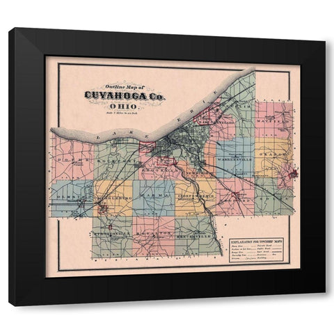 Cuyahoga Ohio Outline - 1876 Black Modern Wood Framed Art Print by Unknown