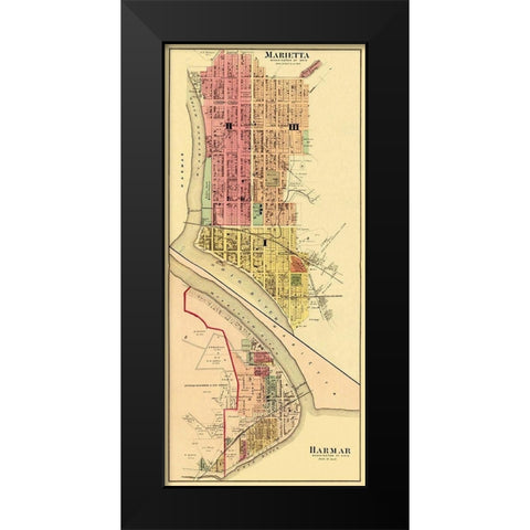 Marietta, Harmar Ohio Landowner - Hayes 1877 Black Modern Wood Framed Art Print by Hayes