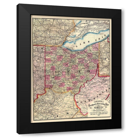 Ohio Railroads and Townships - Cram 1875 Black Modern Wood Framed Art Print by Cram