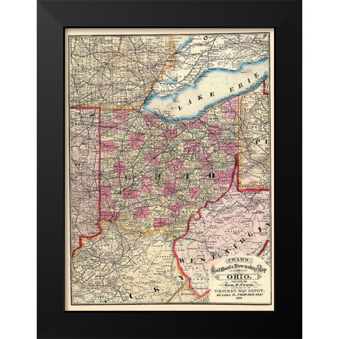 Ohio Railroads and Townships - Cram 1875 Black Modern Wood Framed Art Print by Cram