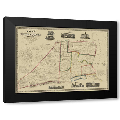 Union County Pennsylvania - Pasehall 1856 Black Modern Wood Framed Art Print with Double Matting by Pasehall