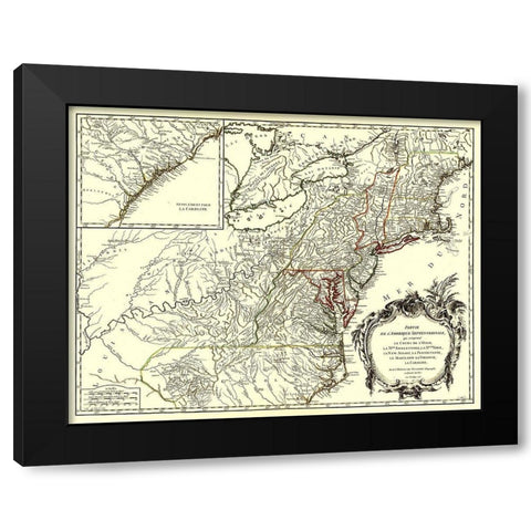 Northeastern Coast North America - Vaugondy 1755 Black Modern Wood Framed Art Print with Double Matting by Vaugondy