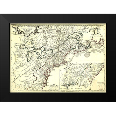 English French Possessions Canada Louisiana - 1756 Black Modern Wood Framed Art Print by Unknown
