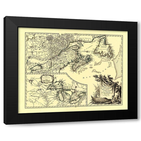 United States Canada - Vaugondy 1755 Black Modern Wood Framed Art Print by Vaugondy