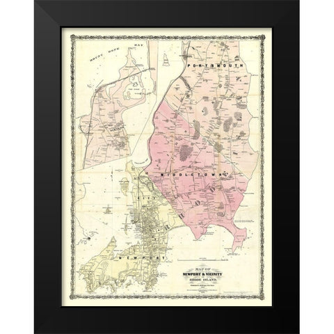 Newport Rhode Island - Dripps 1870  Black Modern Wood Framed Art Print by Dripps