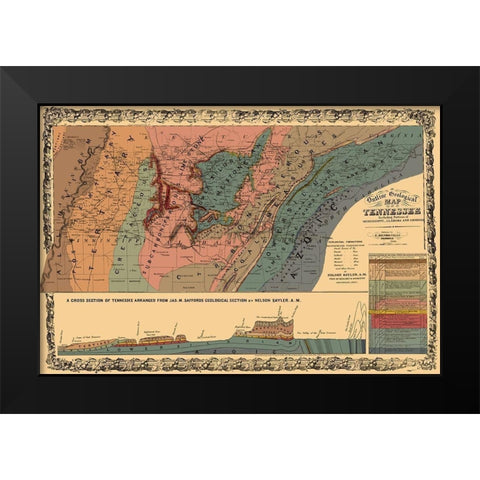 Tennessee Outline Geographical - Mendenhall 1866 Black Modern Wood Framed Art Print by Mendenhall