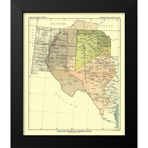 Texas - Adjoining States - Hoen 1896 Black Modern Wood Framed Art Print by Hoen