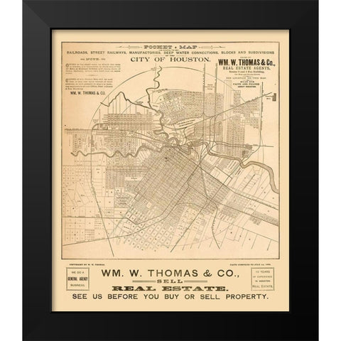 Houston Texas - Thomas 1890  Black Modern Wood Framed Art Print by Thomas