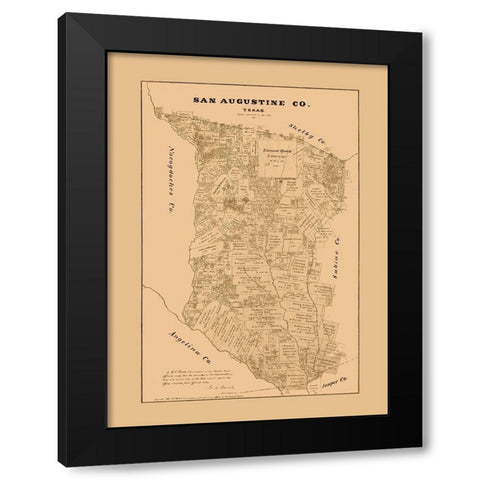 San Augustine County Texas - Walsh 1879  Black Modern Wood Framed Art Print by Walsh