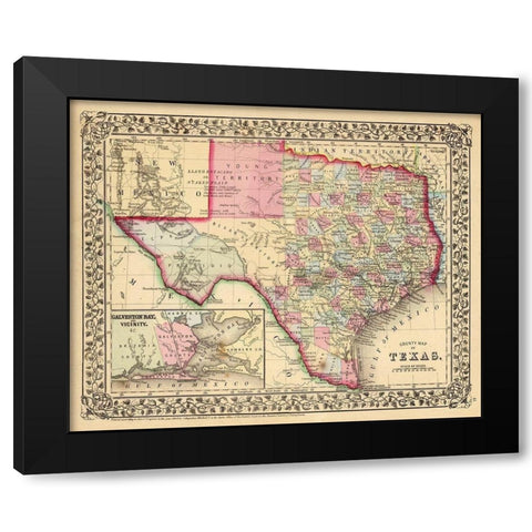 Texas County Map - Mitchell 1870  Black Modern Wood Framed Art Print by Mitchell