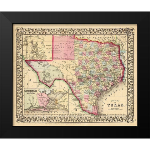 Texas County Map - Mitchell 1870  Black Modern Wood Framed Art Print by Mitchell