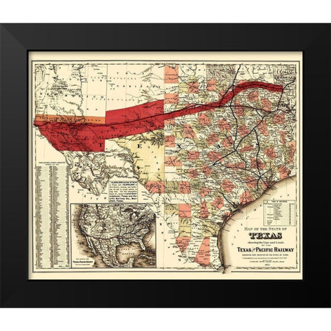 Texas and Pacific Railway - Colton 1873 Black Modern Wood Framed Art Print by Colton