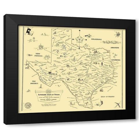 Texas Literary Map - National Bank of Dallas 1955 Black Modern Wood Framed Art Print by National Bank of Dallas