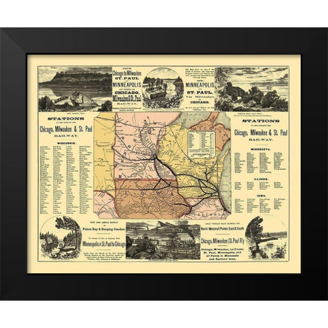Chicago, Milwaukee, St Paul Railway Stations 1874 Black Modern Wood Framed Art Print by Rand McNally