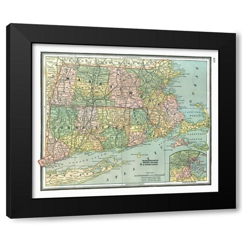 Massachusetts, Connecticut - Johnson 1888 Black Modern Wood Framed Art Print with Double Matting by Johnson