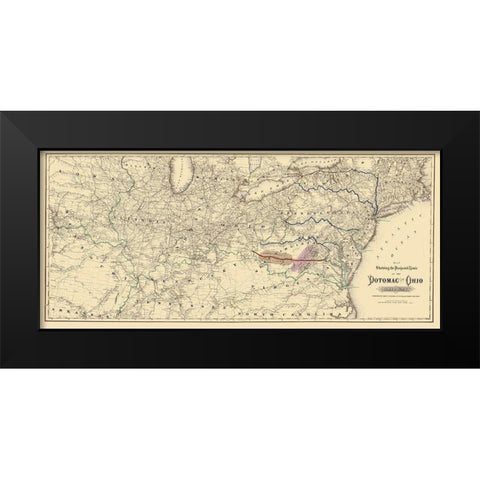Potomac and Ohio Railway Projected Route 1874 Black Modern Wood Framed Art Print by Colton