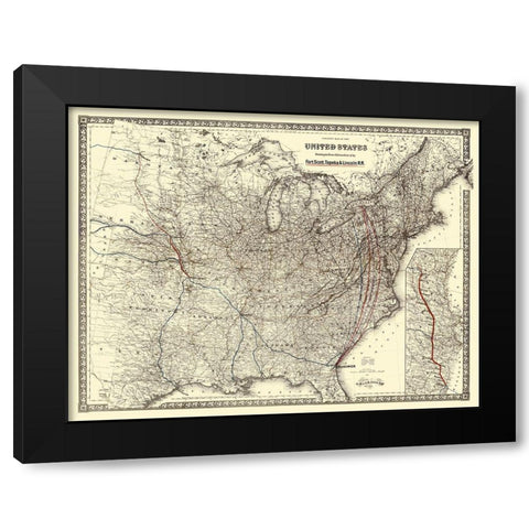 Fort Scott, topeka and Lincoln Railroad 1883 Black Modern Wood Framed Art Print by Colton