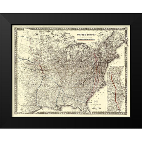Fort Scott, topeka and Lincoln Railroad 1883 Black Modern Wood Framed Art Print by Colton