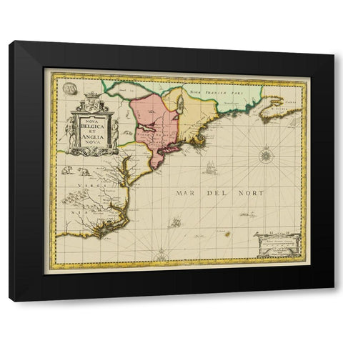 New England to Virginia, Nova Belgica - Valk 1636 Black Modern Wood Framed Art Print by Valk