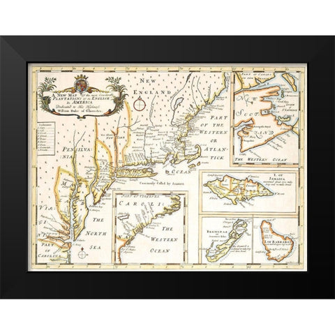 Plantations of the English in America 1700 Black Modern Wood Framed Art Print by Unknown