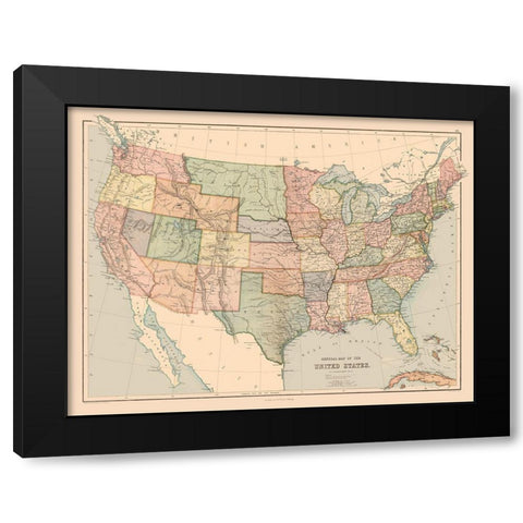 General Map of US - Black 1867 Black Modern Wood Framed Art Print with Double Matting by Black