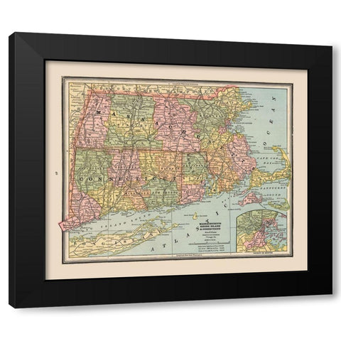 Massachusetts, Rhode Island - Cram 1888 Black Modern Wood Framed Art Print with Double Matting by Cram