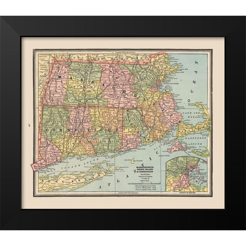 Massachusetts, Rhode Island - Cram 1888 Black Modern Wood Framed Art Print by Cram