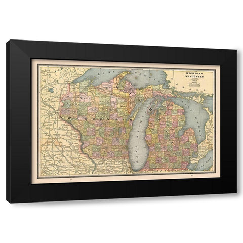 Michigan, Wisconsin - Cram 1888 Black Modern Wood Framed Art Print with Double Matting by Cram